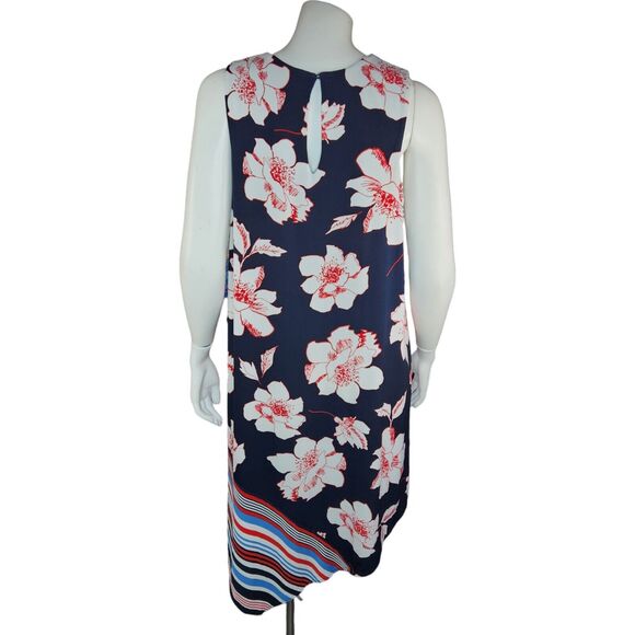 Dressbarn Navy Floral Striped Sleeveless Asymmetrical Hem Dress Womens 10 Midi - Picture 3 of 12